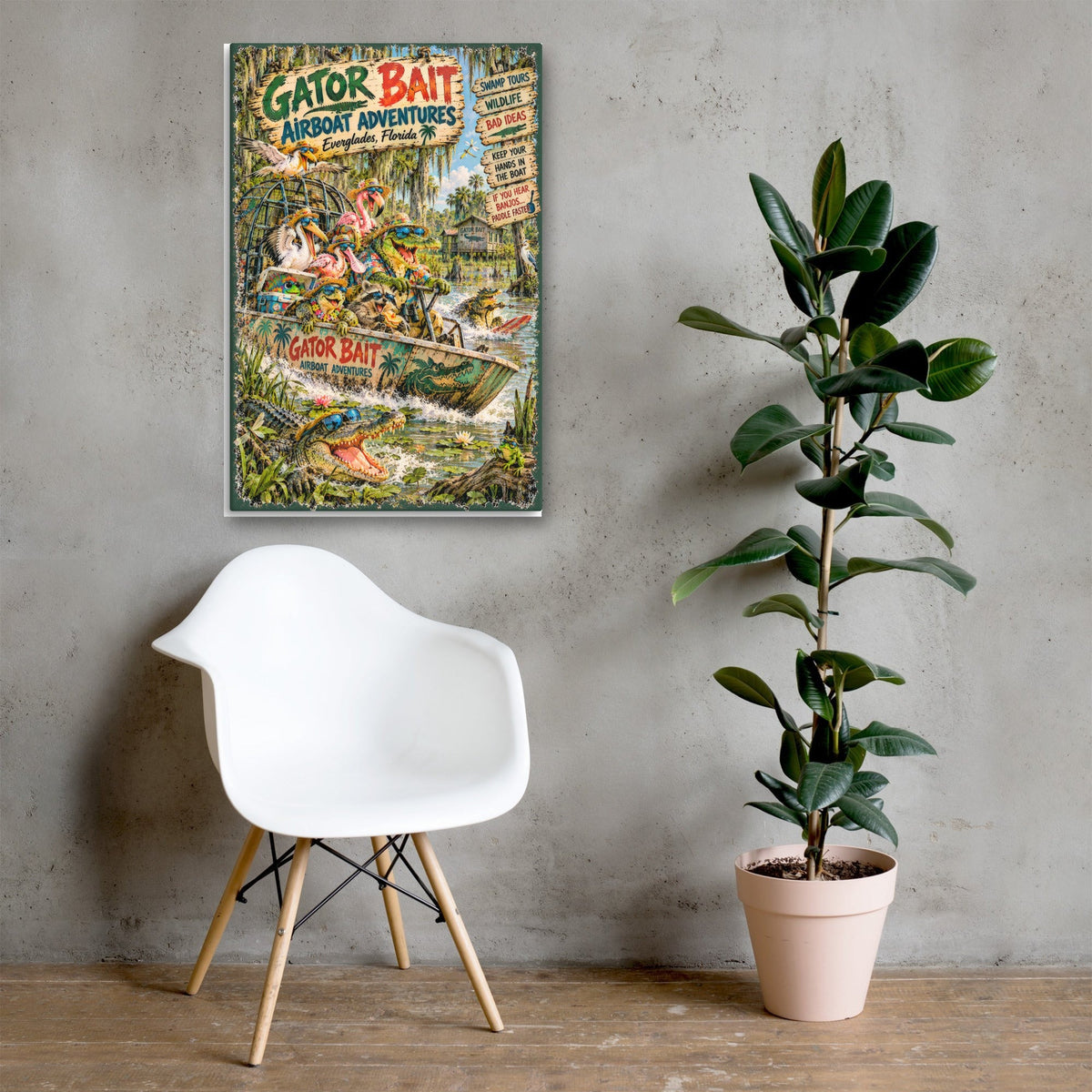 Gator Bait Airboat Adventures Canvas 24x36 above a chair