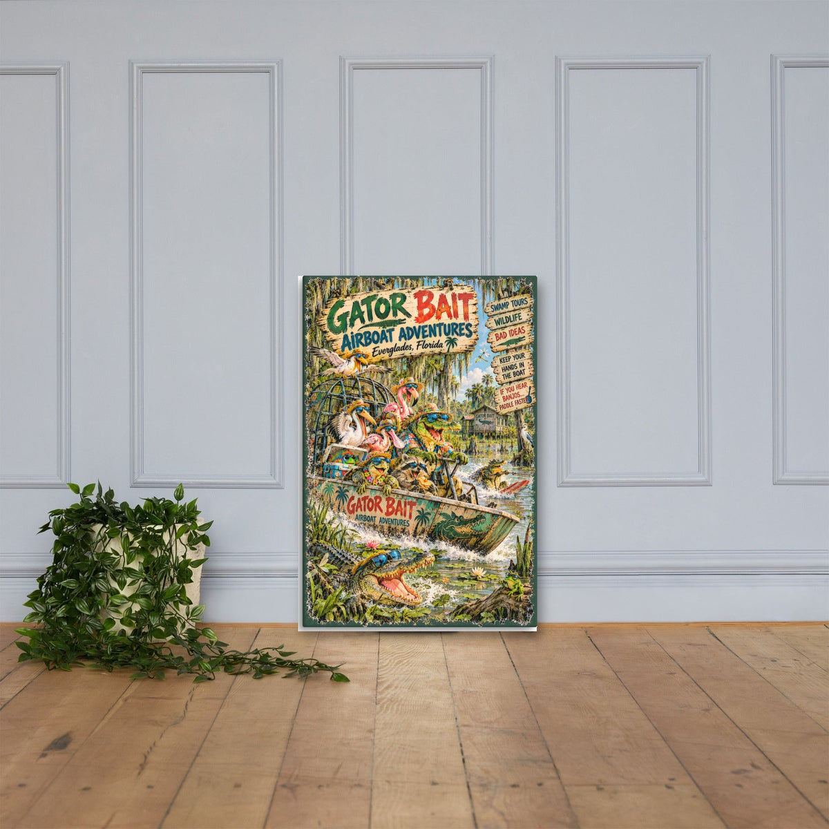 Gator Bait Airboat Adventures Canvas 24x36 leaning on a paneled wall