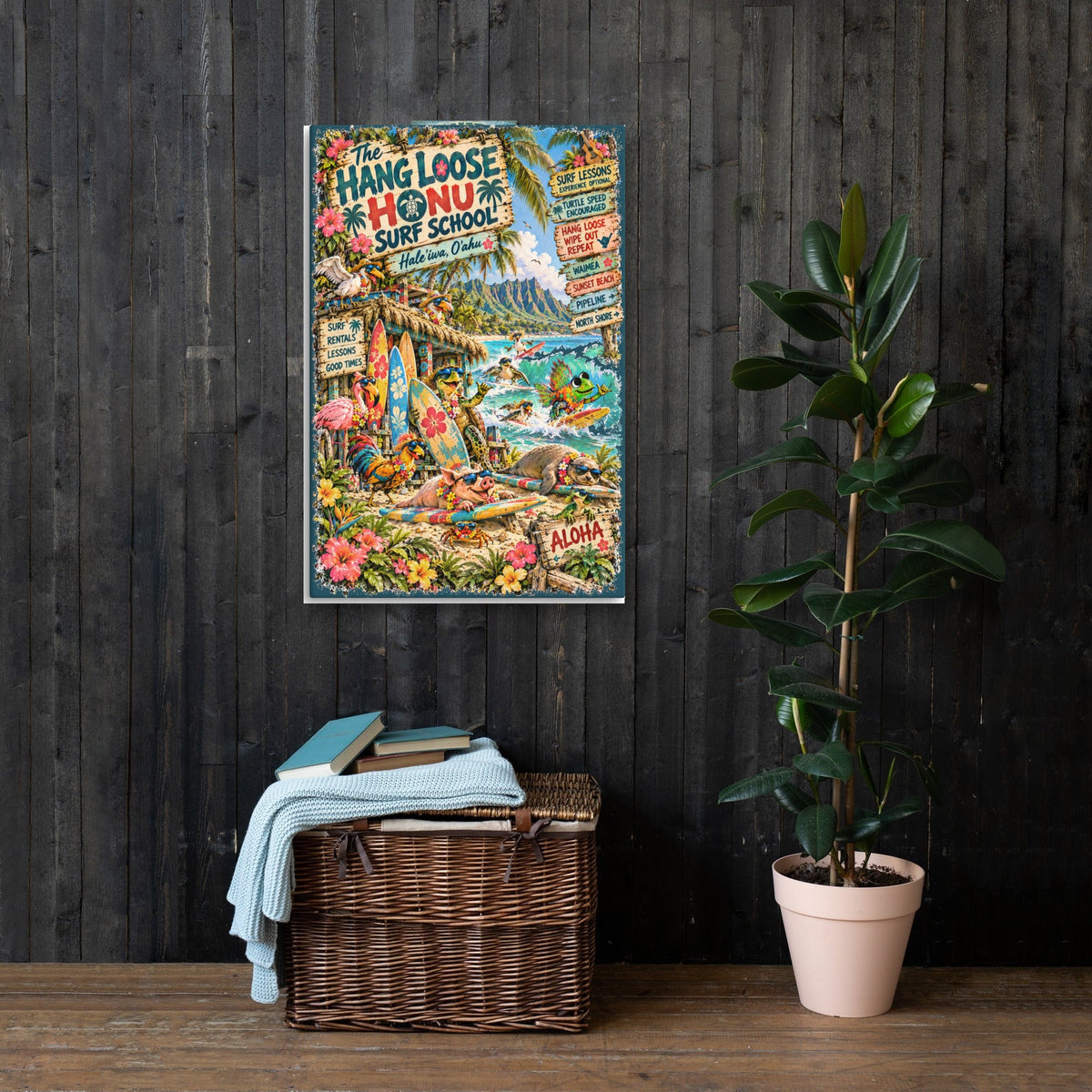 The Hang Loose Honu Surf School Canvas 24x36 on a dark wood wall