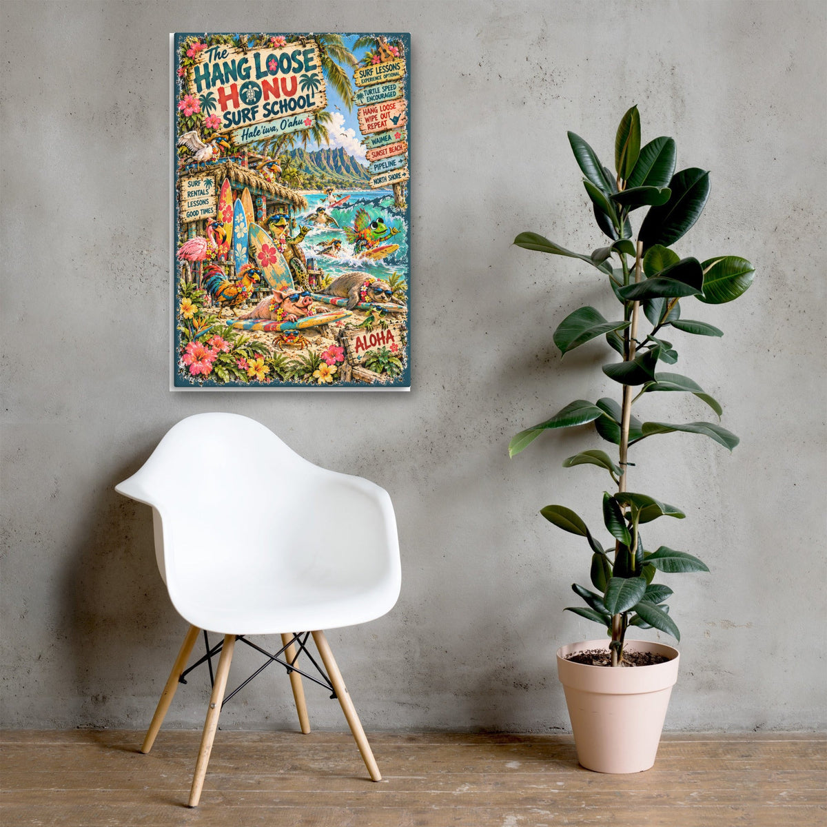 The Hang Loose Honu Surf School Canvas 24x36 above a chair
