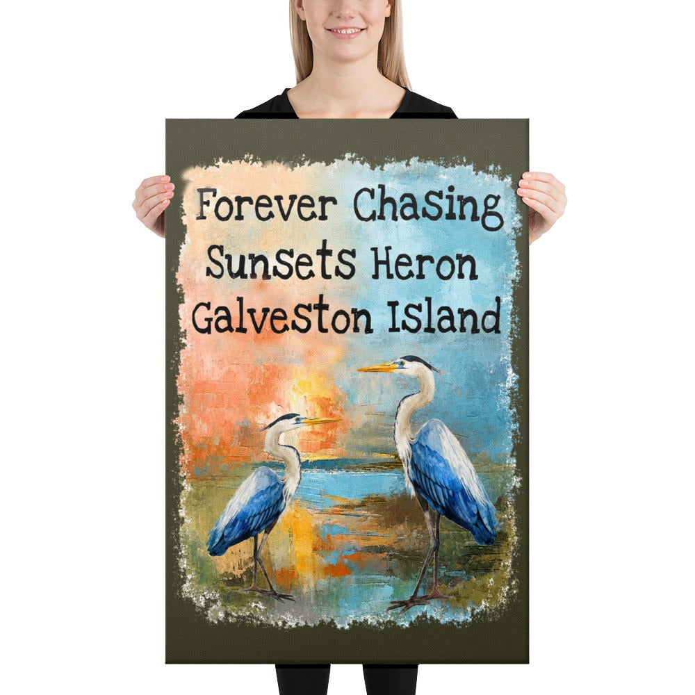 Forever Chasing Sunsets Heron Galveston Island canvas, 24x36