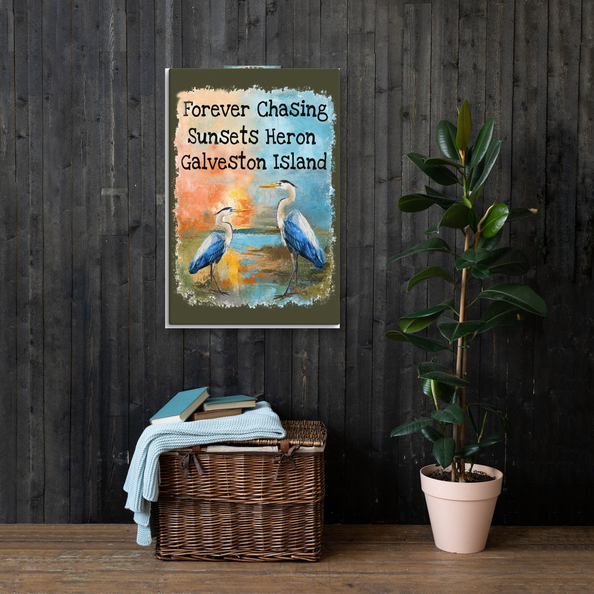 Forever Chasing Sunsets Heron Galveston Island canvas, 24x36 in a living room