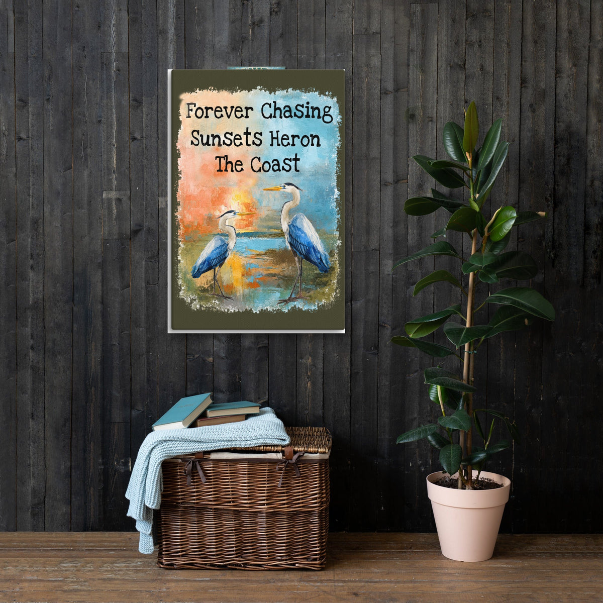 Forever Chasing Sunsets Heron The Coast canvas, 24x36 in a living room