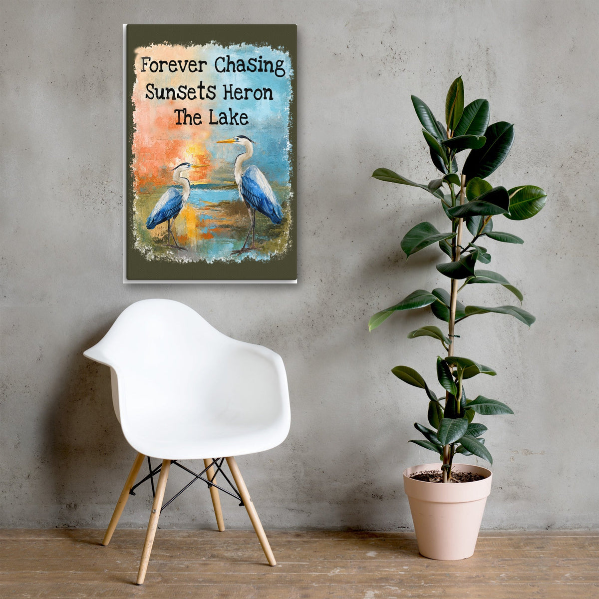 Forever Chasing Sunsets Heron The Lake canvas, 24x36 over a console