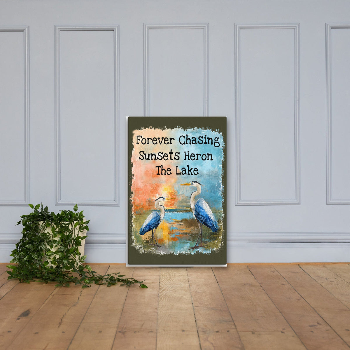 Forever Chasing Sunsets Heron The Lake canvas, 24x36 leaning on the floor