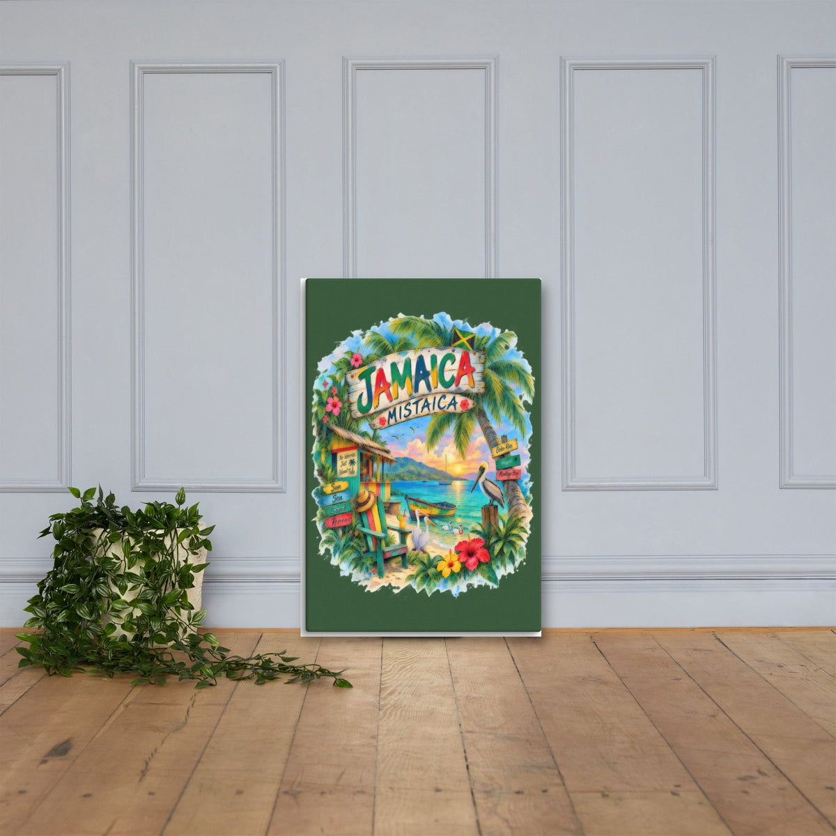 Jamaica Mistaica Island Escape canvas, 24x36 leaning on the floor