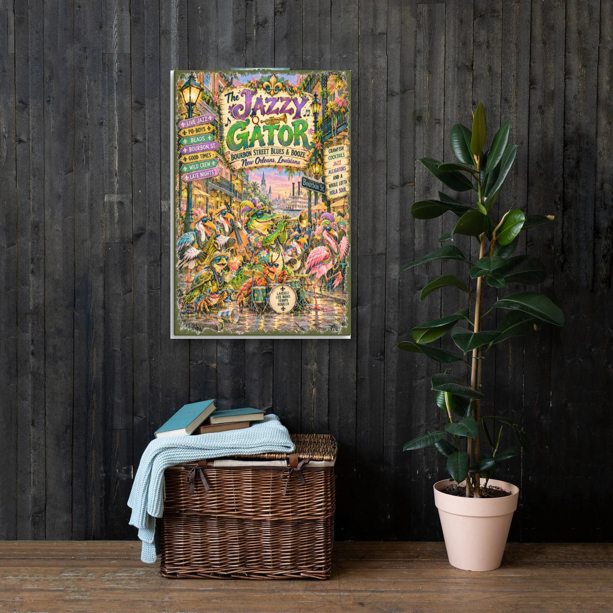 The Jazzy Gator Blues & Booze Canvas 24x36 on a dark wood wall