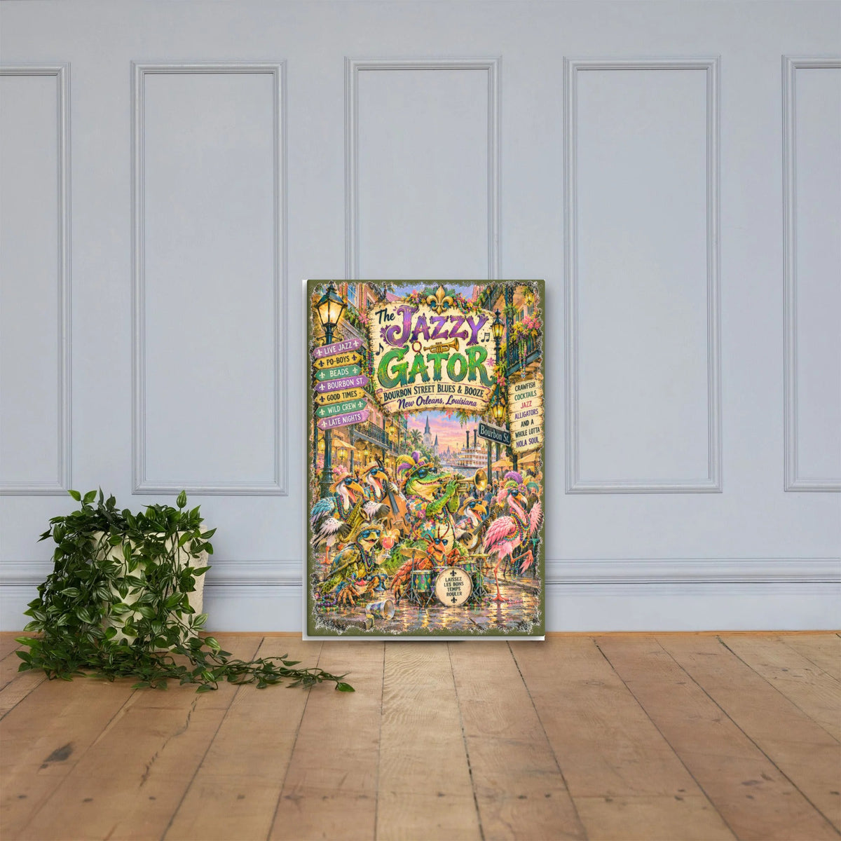 The Jazzy Gator Blues & Booze Canvas 24x36 leaning on a paneled wall