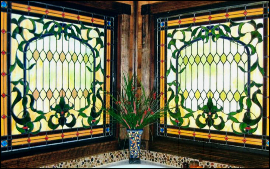 Jeweled leaded glass bathroom corner windows in amber and green, by Monica Huber