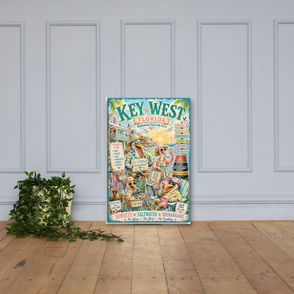 Key West Florida Conch Crew canvas, 24x36 leaning on the floor
