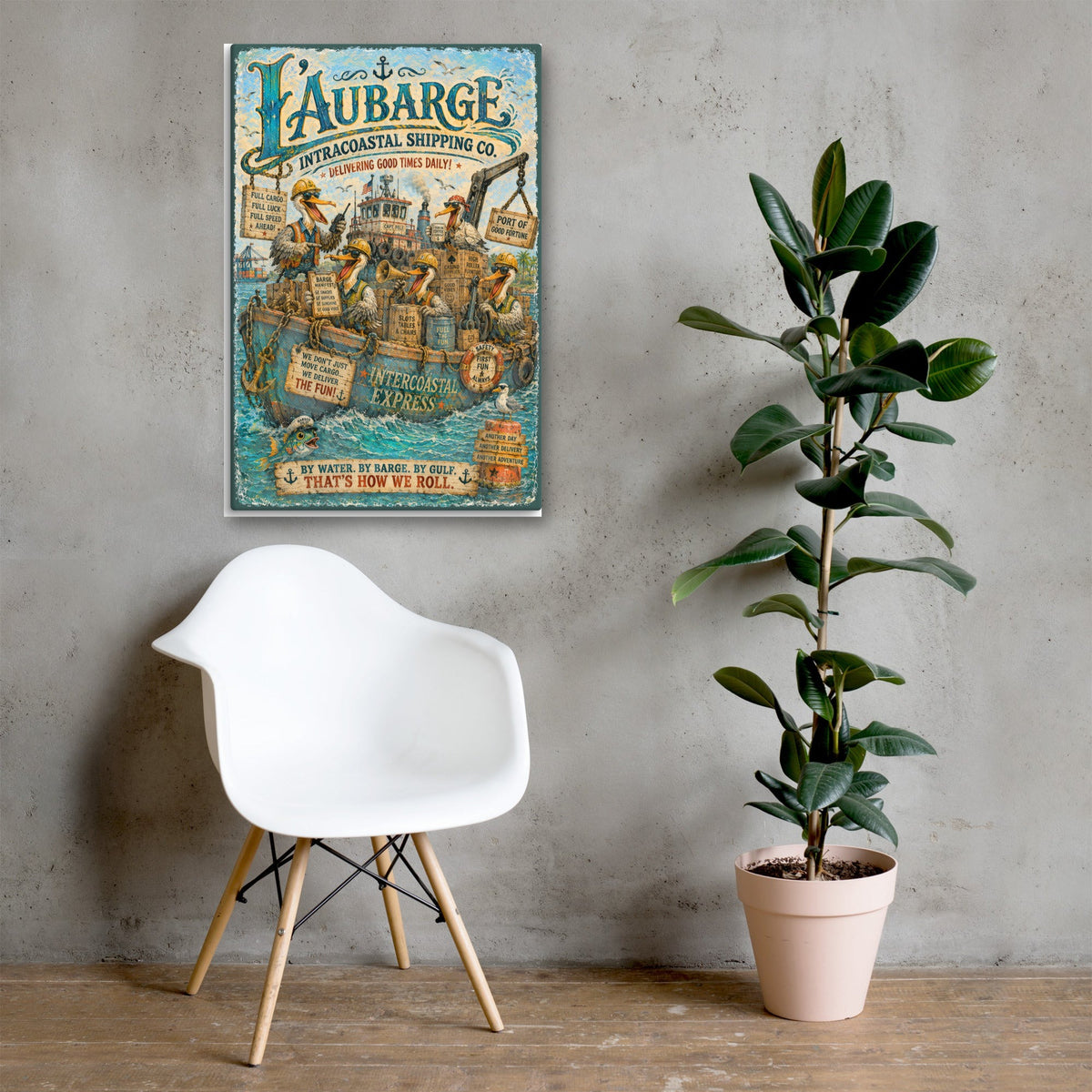 L'Aubarge Intracoastal Shipping Co. canvas, 24x36 over a console
