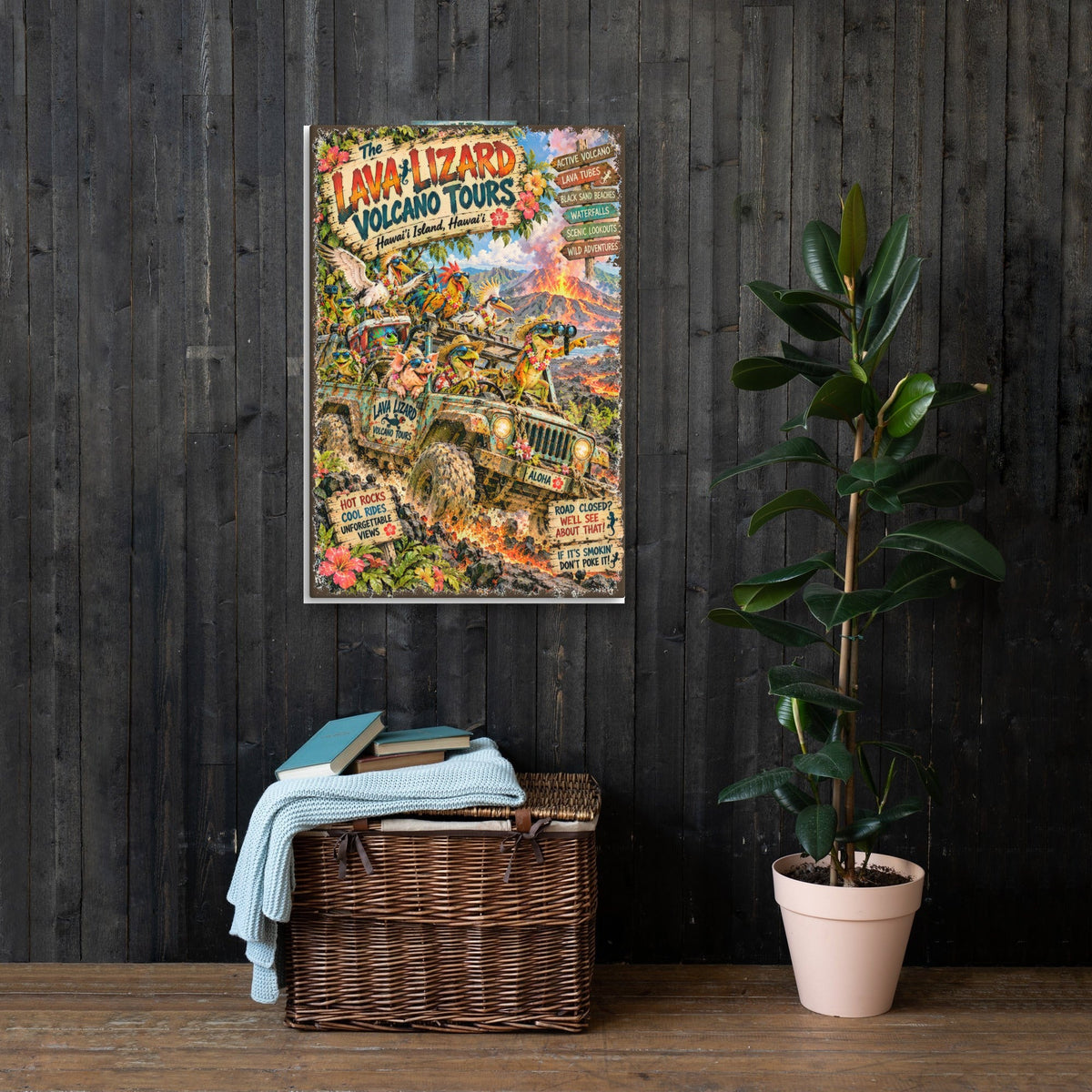 The Lava Lizard Volcano Tours Canvas 24x36 on a dark wood wall