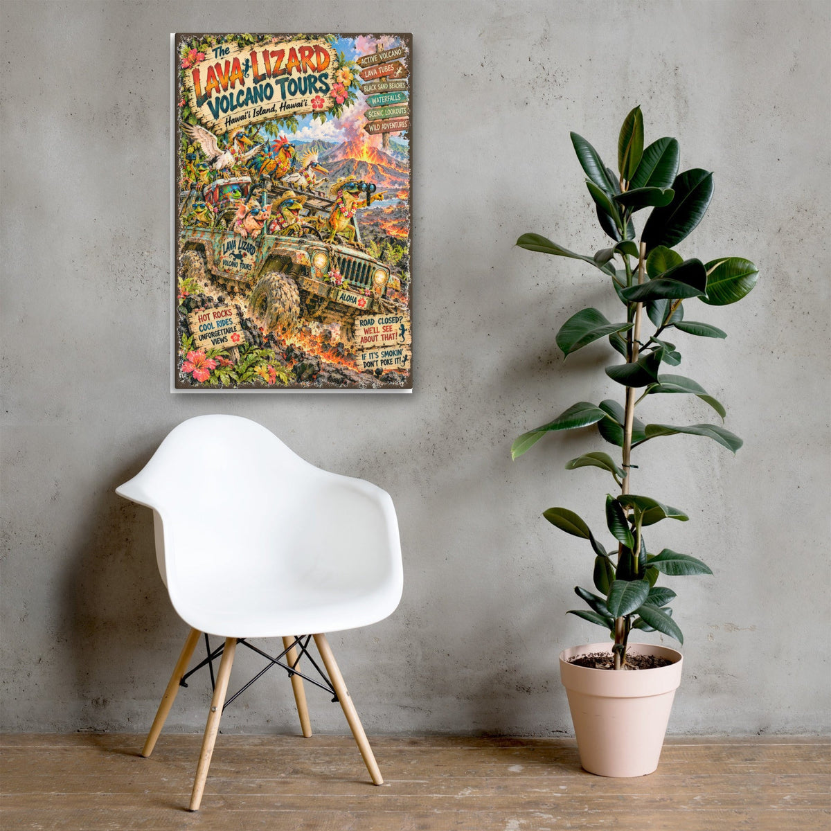 The Lava Lizard Volcano Tours Canvas 24x36 above a chair