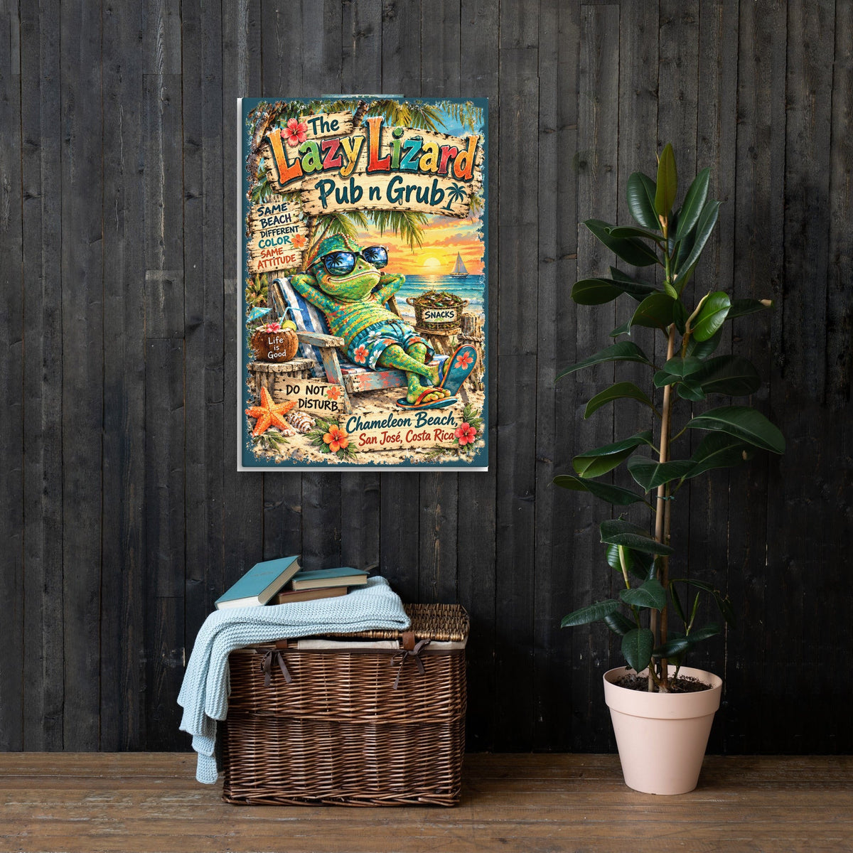The Lazy Lizard Pub n Grub Canvas 24x36 on a dark wood wall