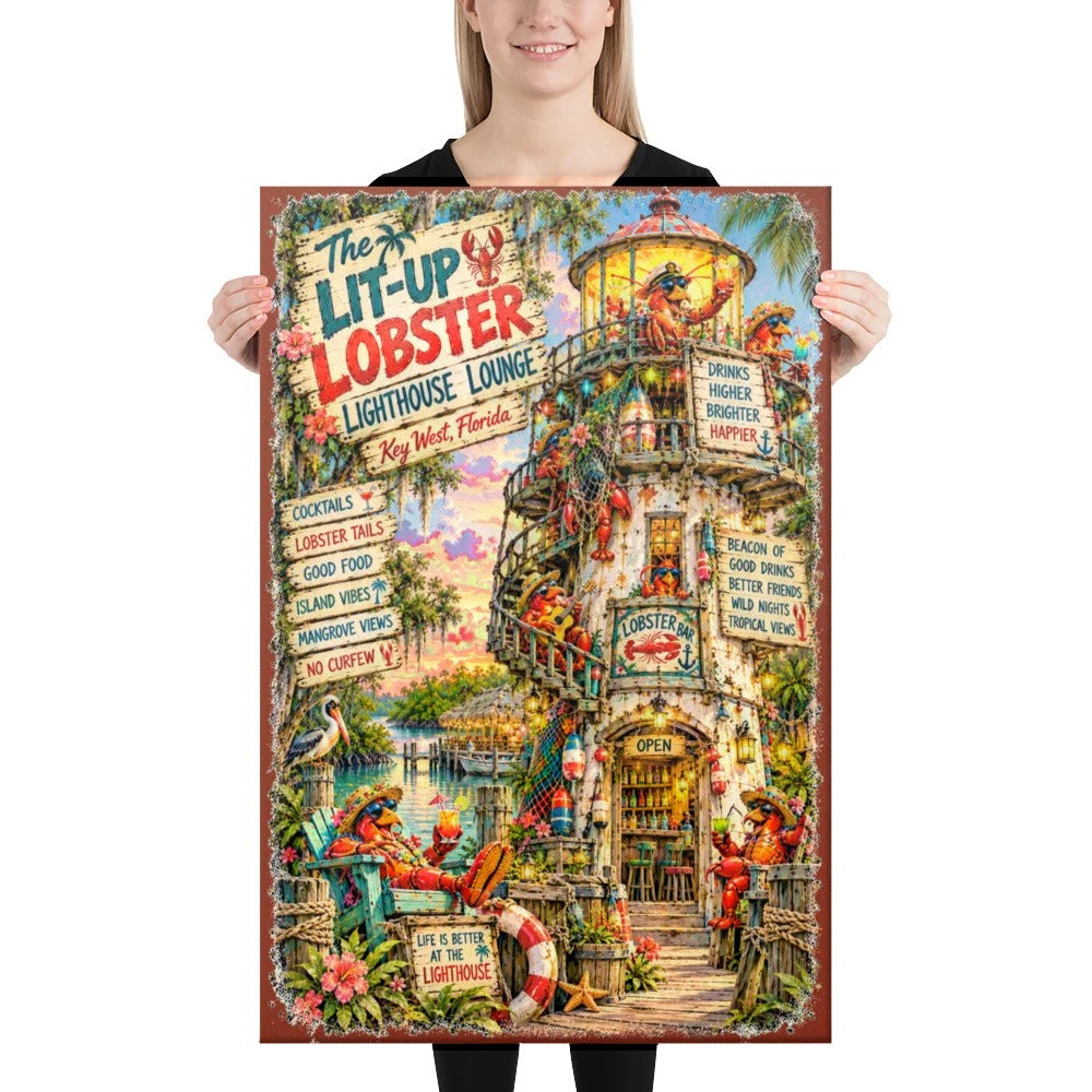 The Lit-Up Lobster Lighthouse Lounge Canvas, 24x36