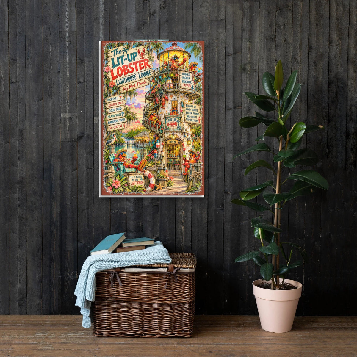 The Lit-Up Lobster Lighthouse Lounge Canvas 24x36 on a dark wood wall