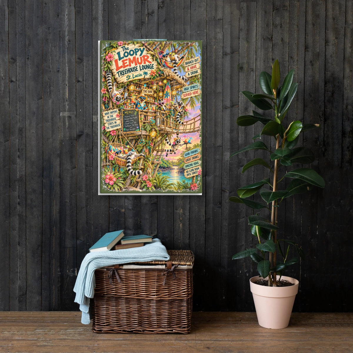 The Loopy Lemur Treehouse Lounge Canvas 24x36 on a dark wood wall
