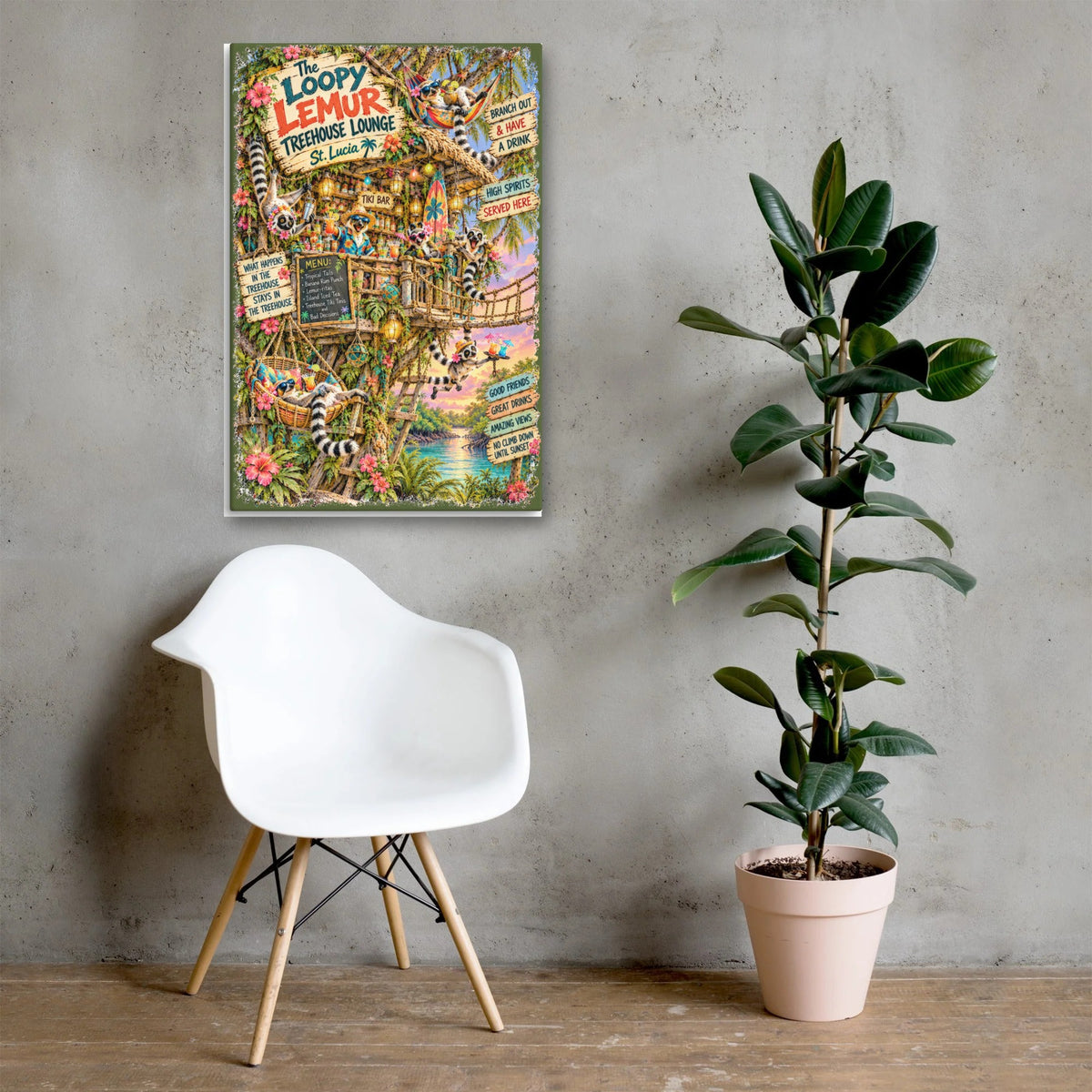 The Loopy Lemur Treehouse Lounge Canvas 24x36 above a chair