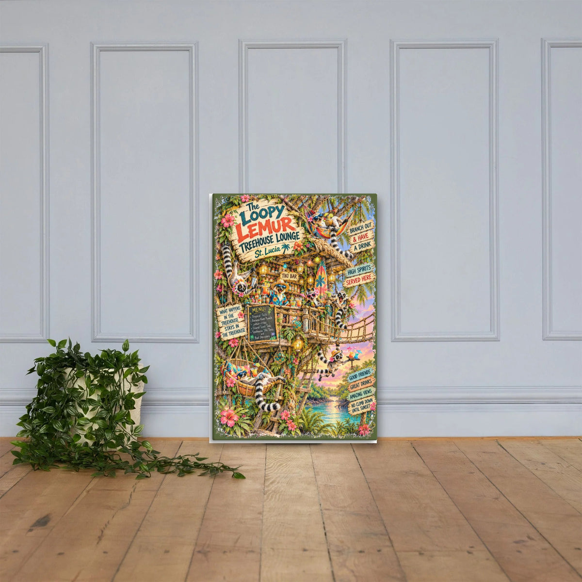 The Loopy Lemur Treehouse Lounge Canvas 24x36 leaning on a paneled wall