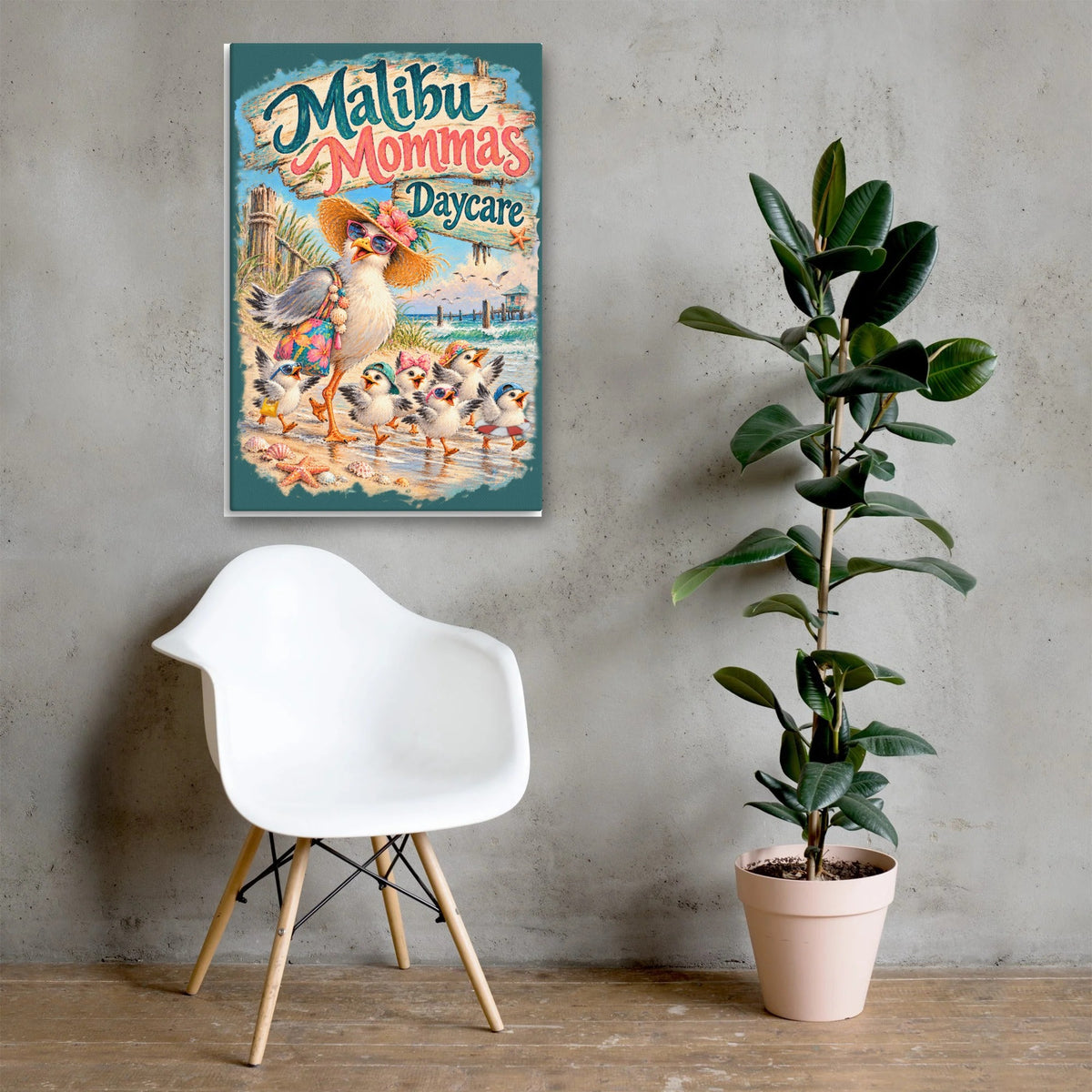 Malibu Mommas Daycare Canvas 24x36 above a chair