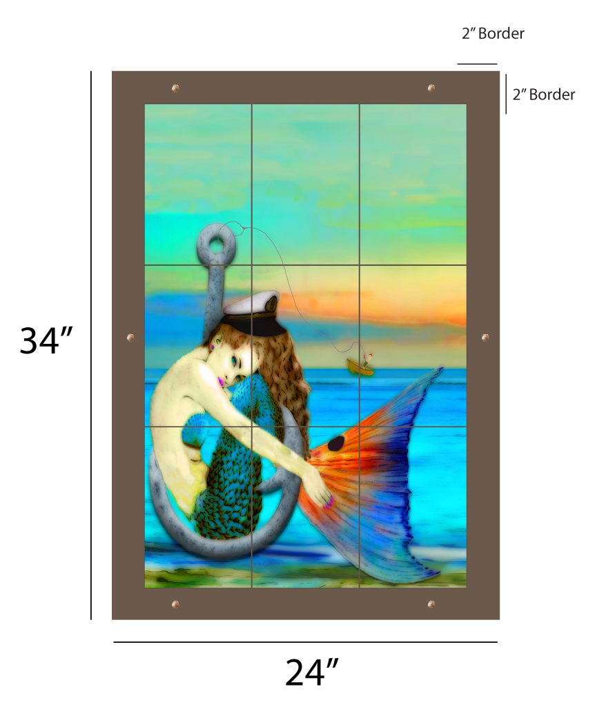 Mermaid Captain outdoor art, a mermaid captain on an anchor, kiln-fired glass panel