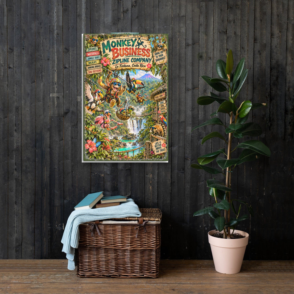 Monkey Business Zipline Company Canvas 24x36 on a dark wood wall
