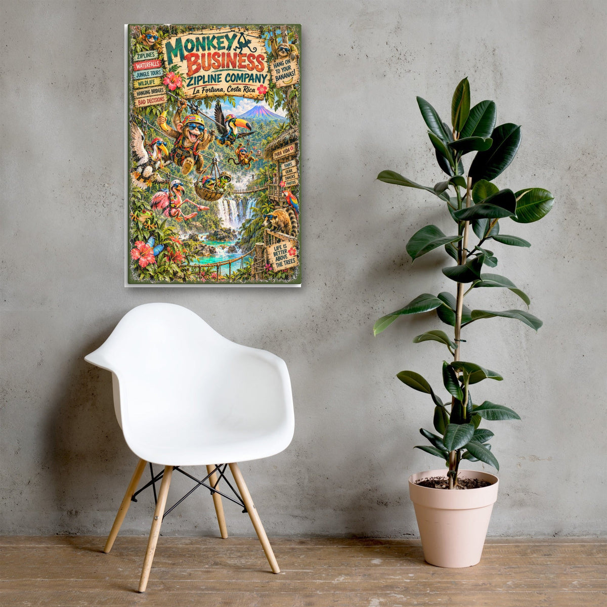 Monkey Business Zipline Company Canvas 24x36 above a chair