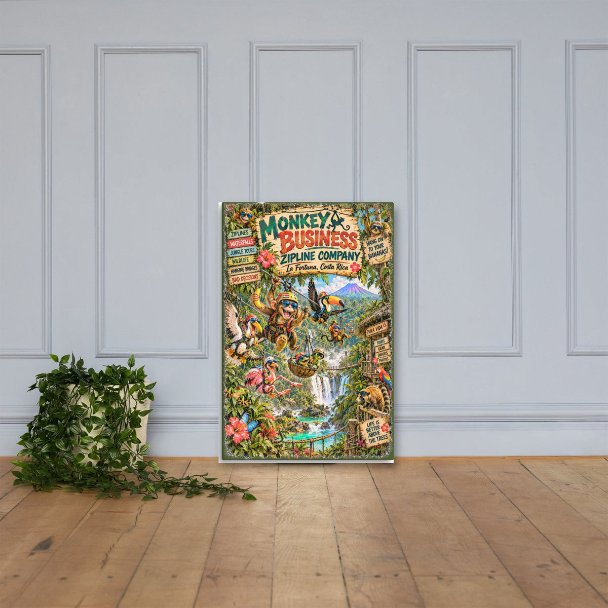 Monkey Business Zipline Company Canvas 24x36 leaning on a paneled wall