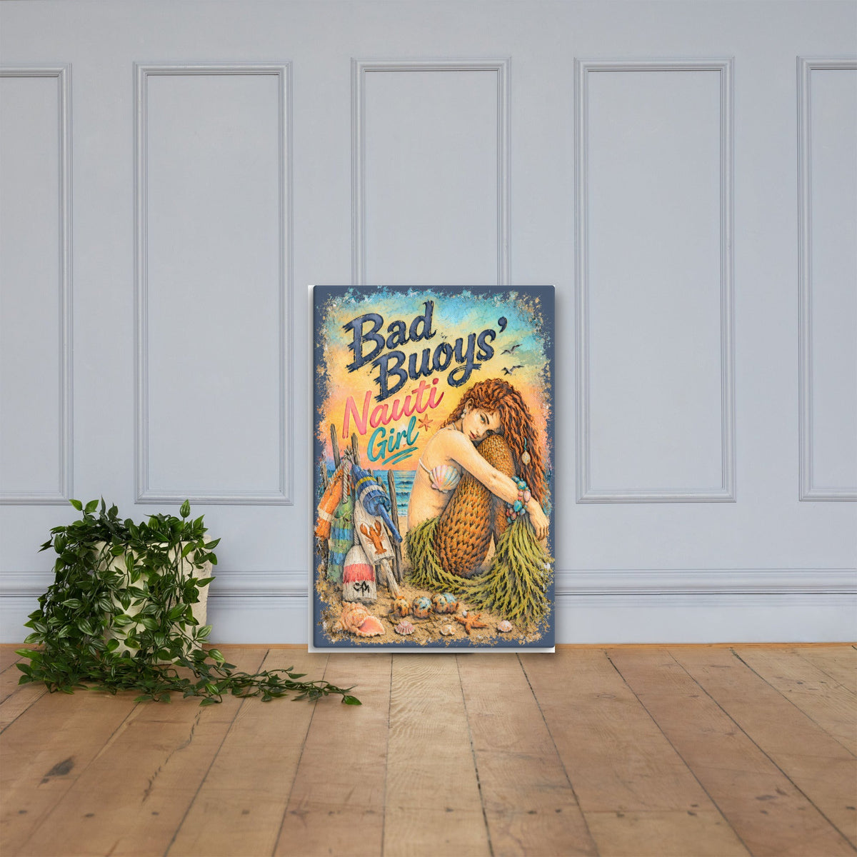 Bad Buoys' Nauti Girl canvas, 24x36 leaning on the floor