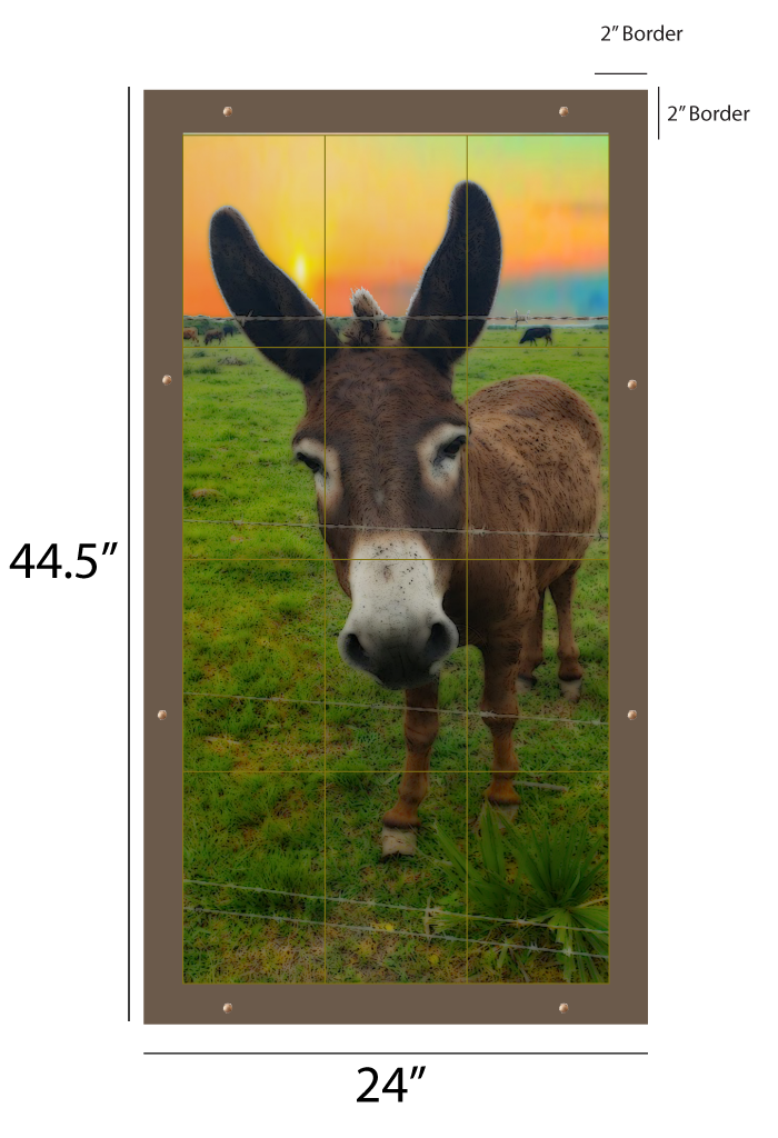 Cecil outdoor art, a donkey in a green field, kiln-fired glass panel