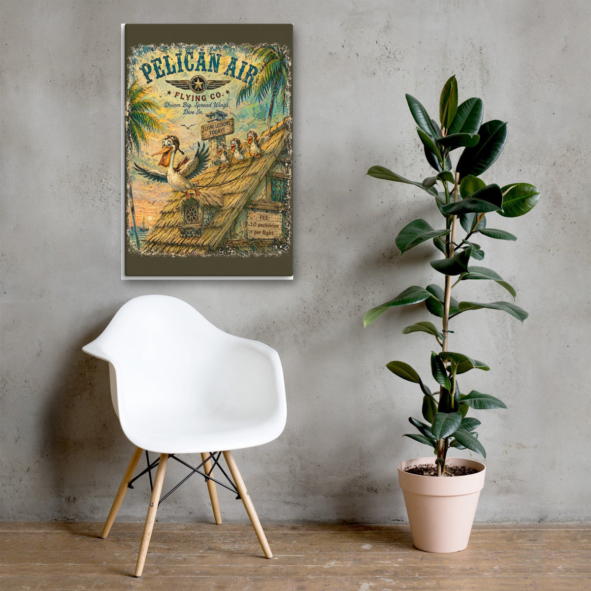 Pelican Air Flying Co. canvas, 24x36 over a console