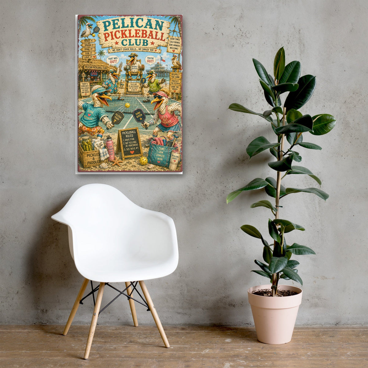 Pelican Pickleball Club canvas, 24x36 over a console