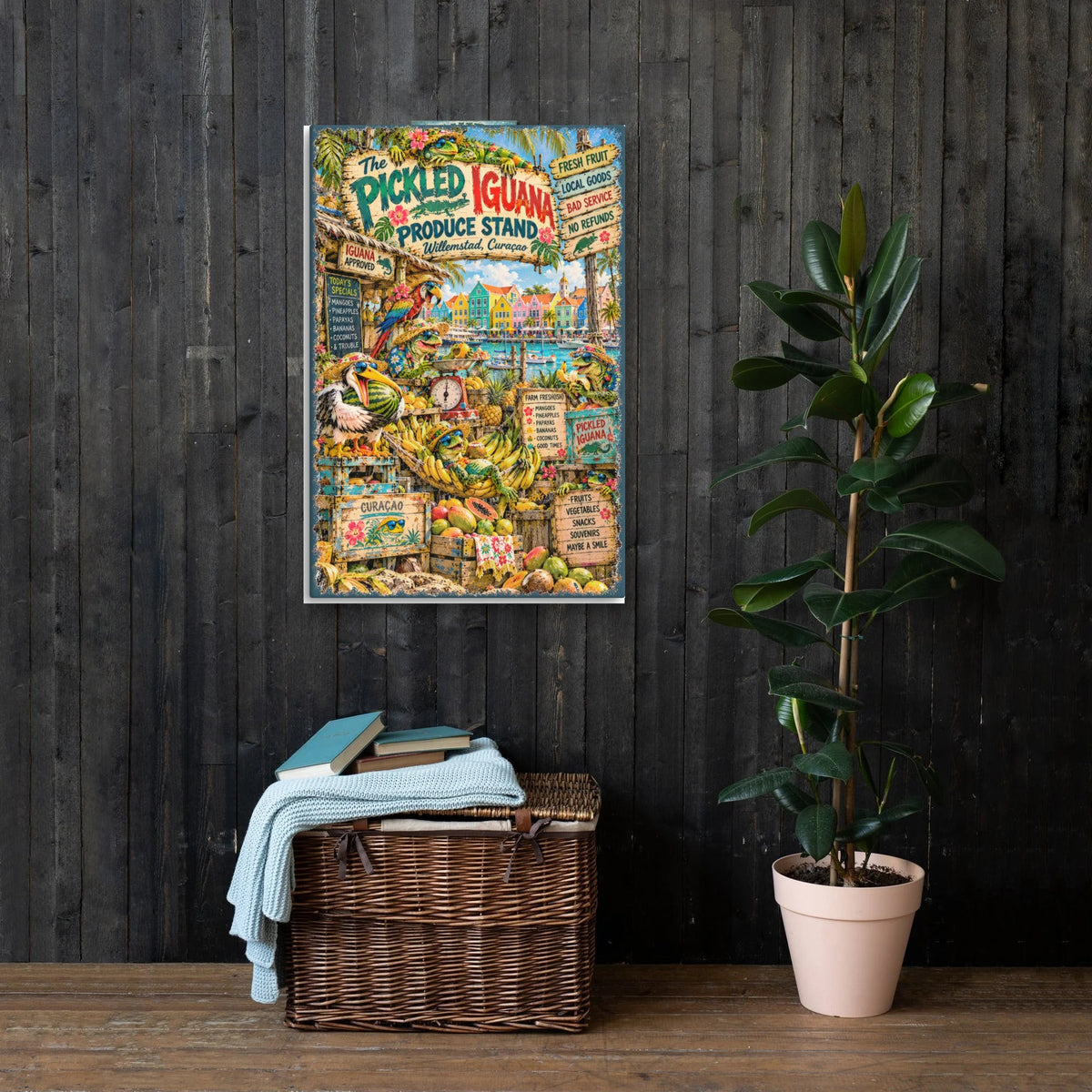 The Pickled Iguana Produce Stand Canvas 24x36 on a dark wood wall