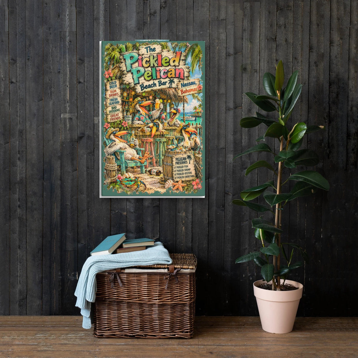 The Pickled Pelican Beach Bar Canvas 24x36 on a dark wood wall