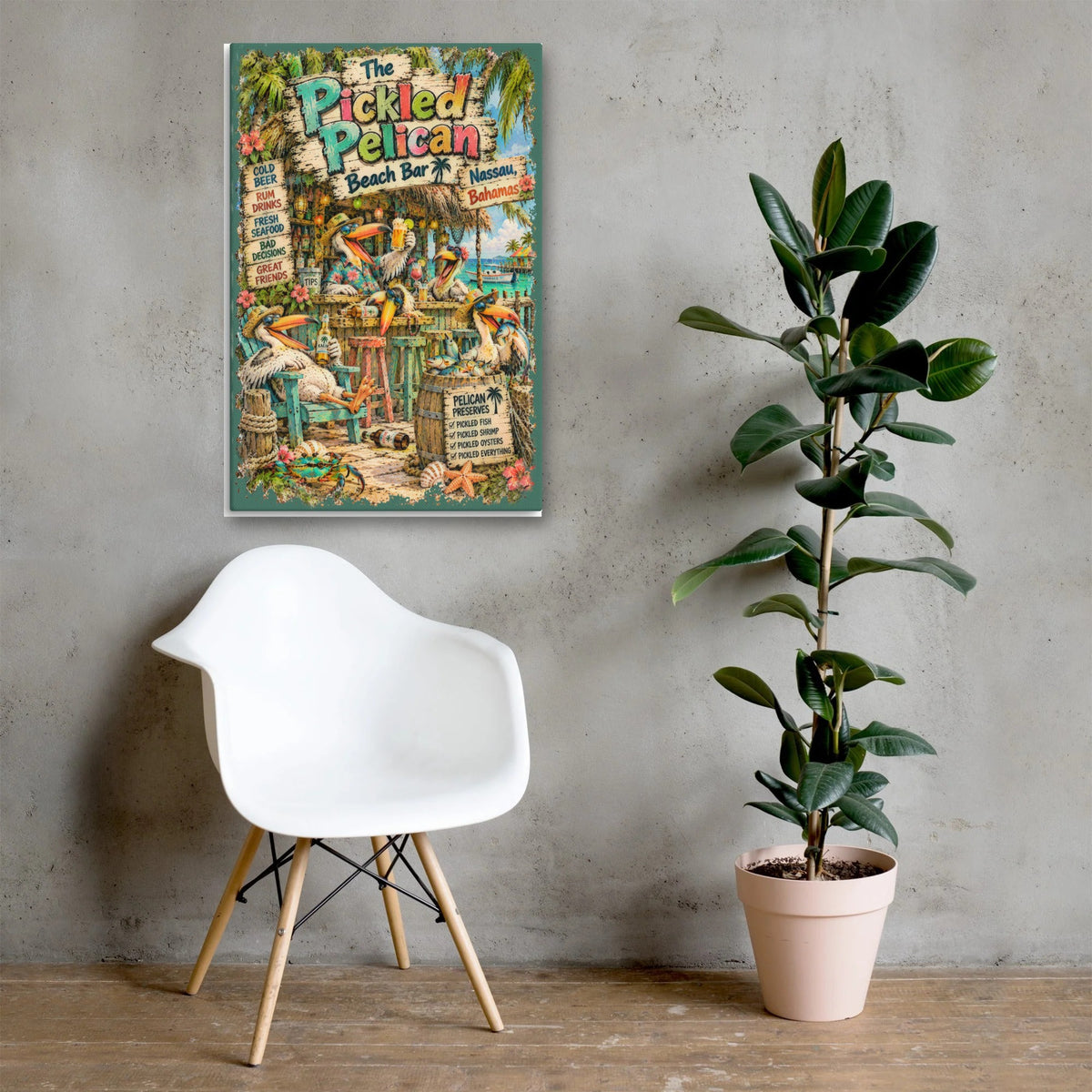 The Pickled Pelican Beach Bar Canvas 24x36 above a chair