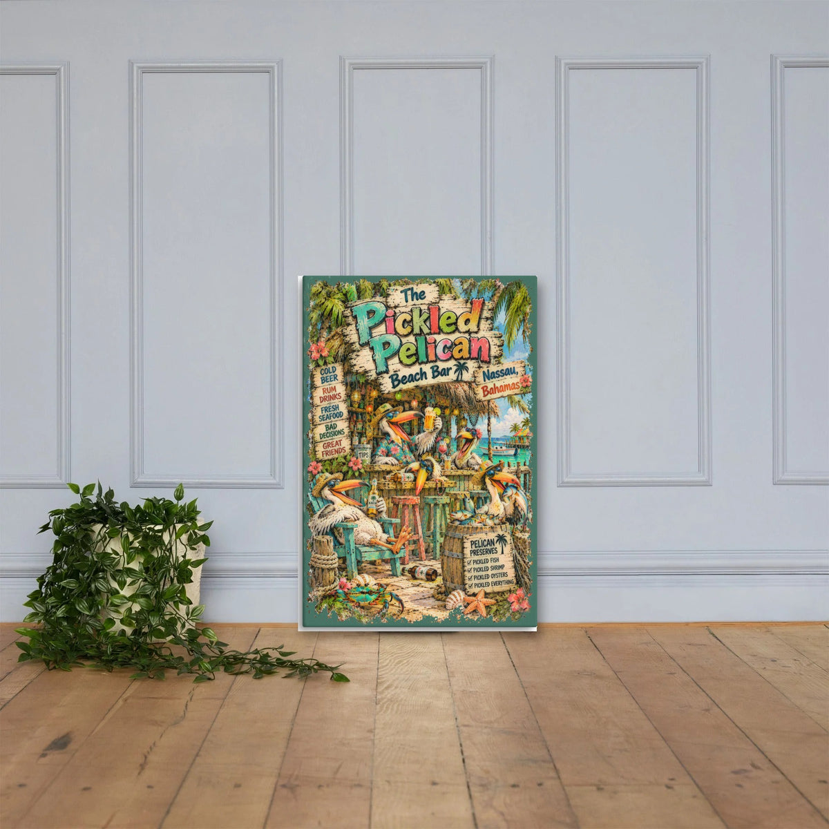 The Pickled Pelican Beach Bar Canvas 24x36 leaning on a paneled wall
