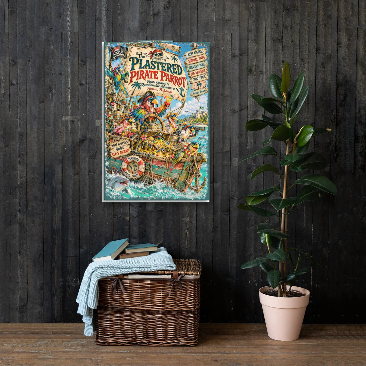 The Plastered Pirate Parrot Canvas 24x36 on a dark wood wall