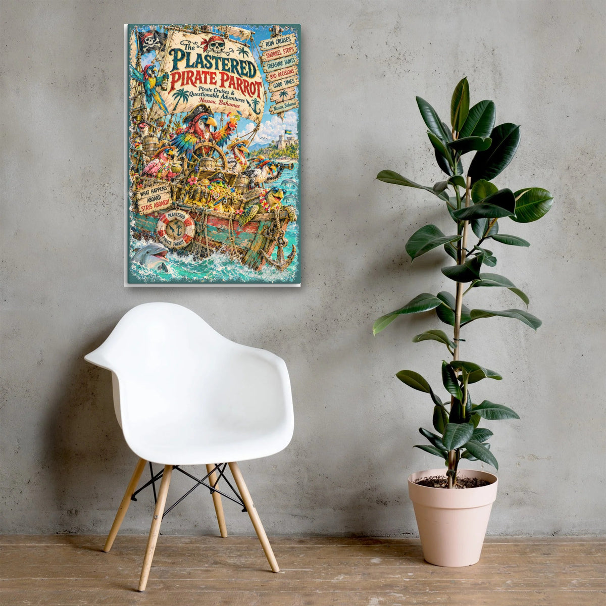 The Plastered Pirate Parrot Canvas 24x36 above a chair