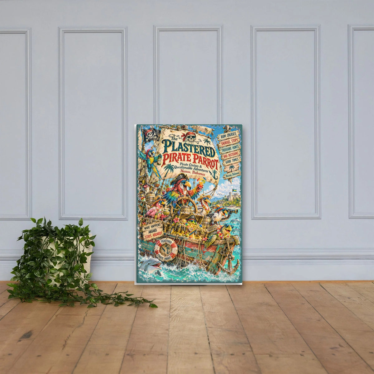 The Plastered Pirate Parrot Canvas 24x36 leaning on a paneled wall
