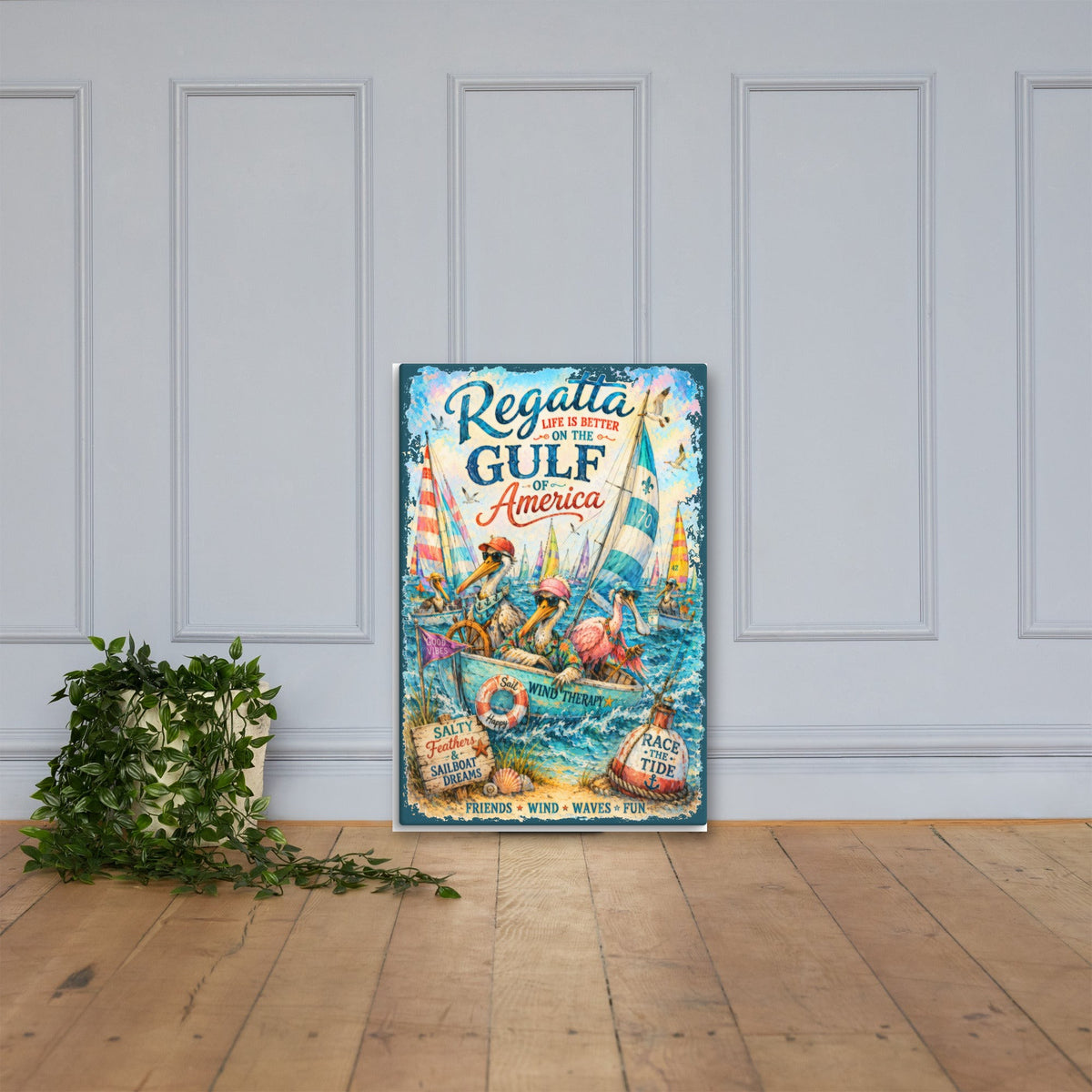 Regatta on the Gulf canvas, 24x36 leaning on the floor