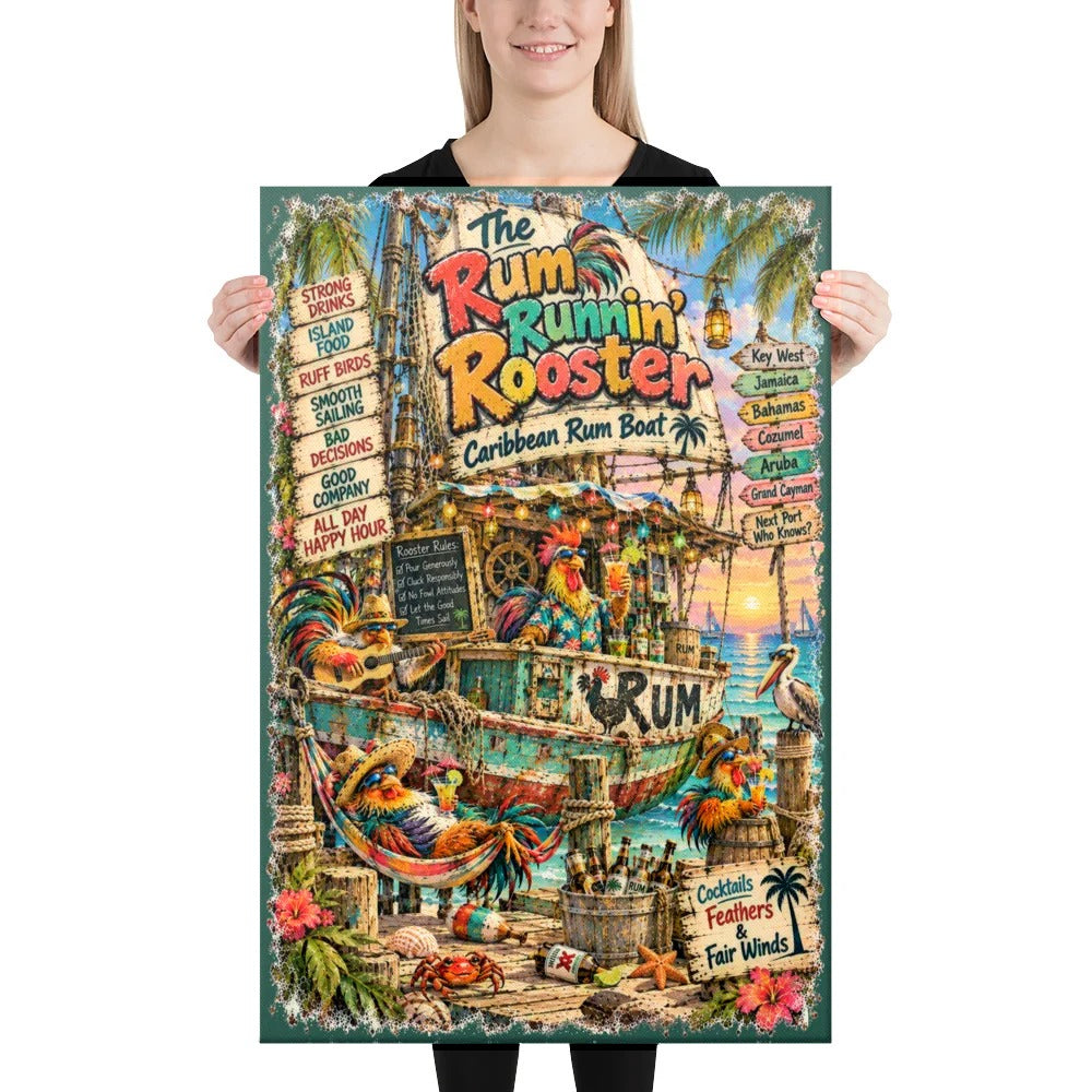 The Rum Runnin' Rooster Caribbean Rum Boat Canvas, 24x36