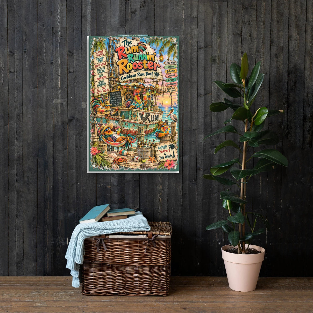 The Rum Runnin' Rooster Caribbean Rum Boat Canvas 24x36 on a dark wood wall
