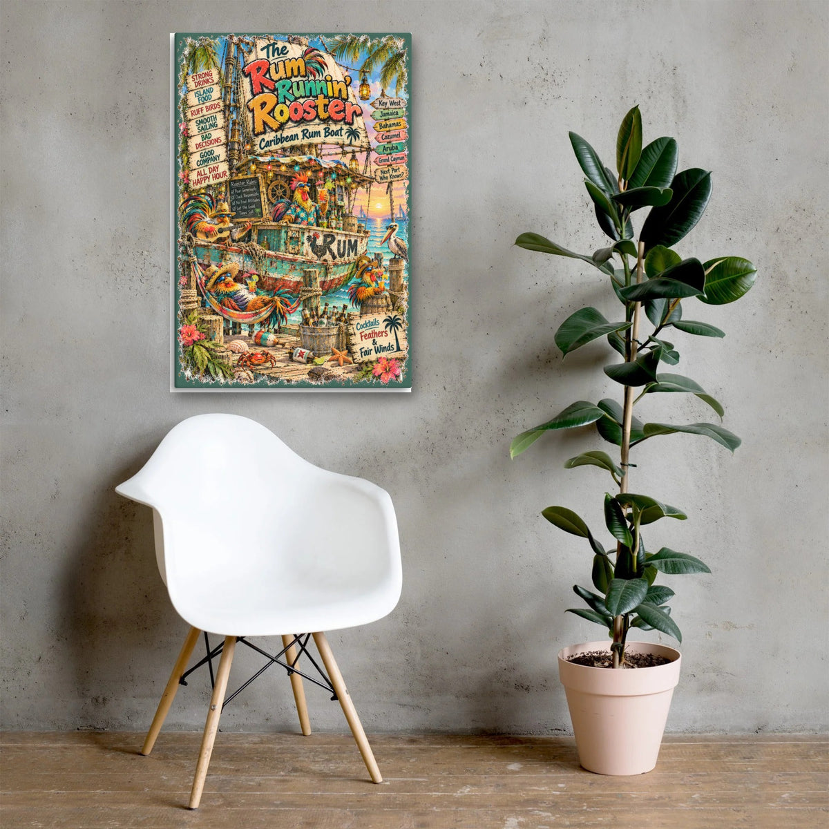 The Rum Runnin' Rooster Caribbean Rum Boat Canvas 24x36 above a chair