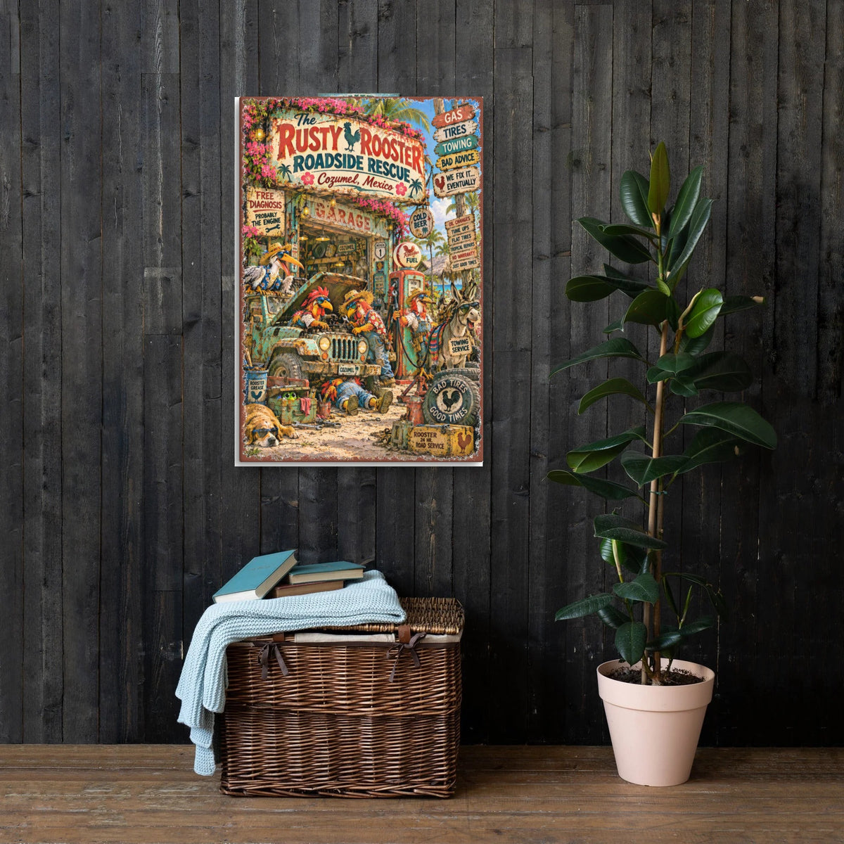 The Rusty Rooster Roadside Rescue Canvas 24x36 on a dark wood wall