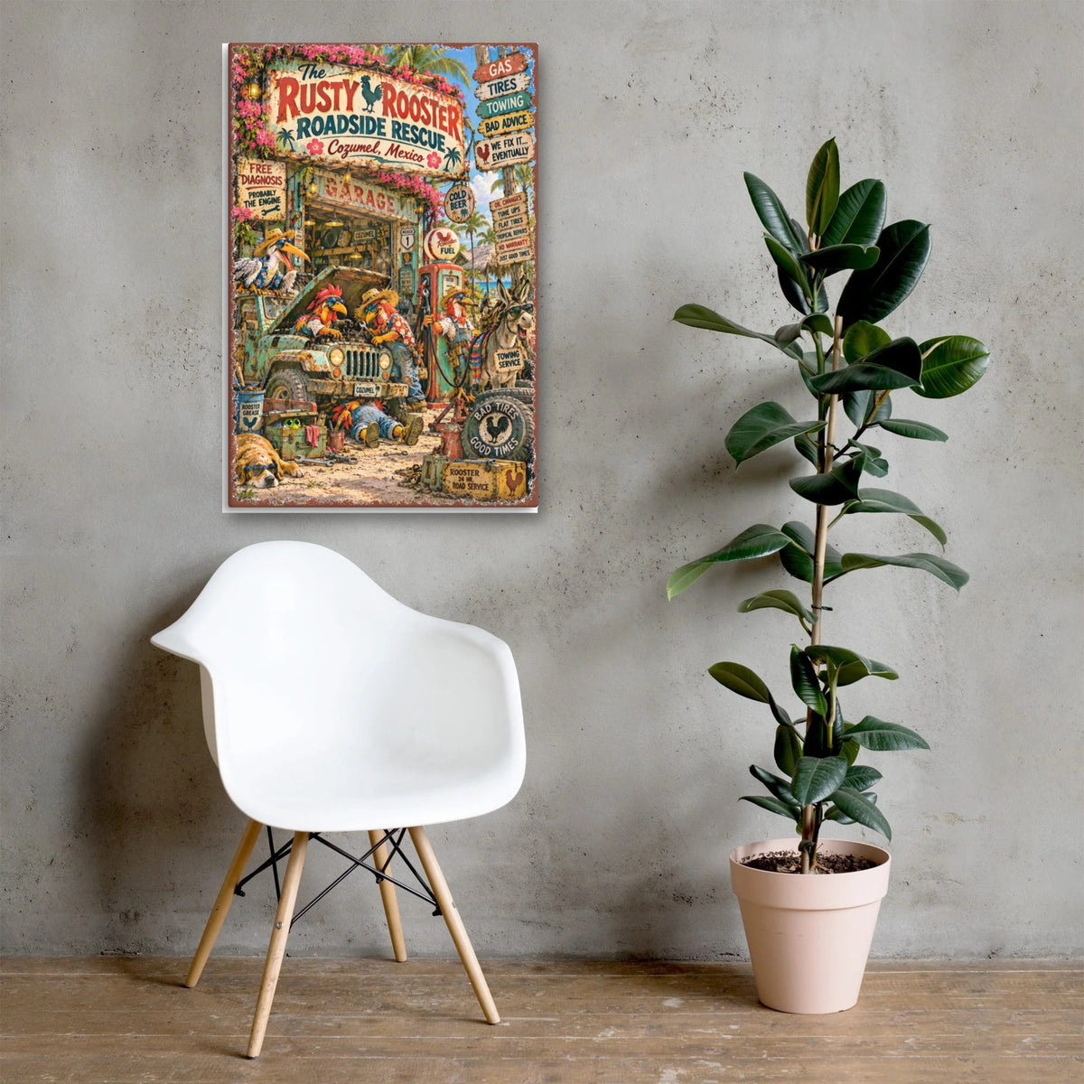The Rusty Rooster Roadside Rescue Canvas 24x36 above a chair