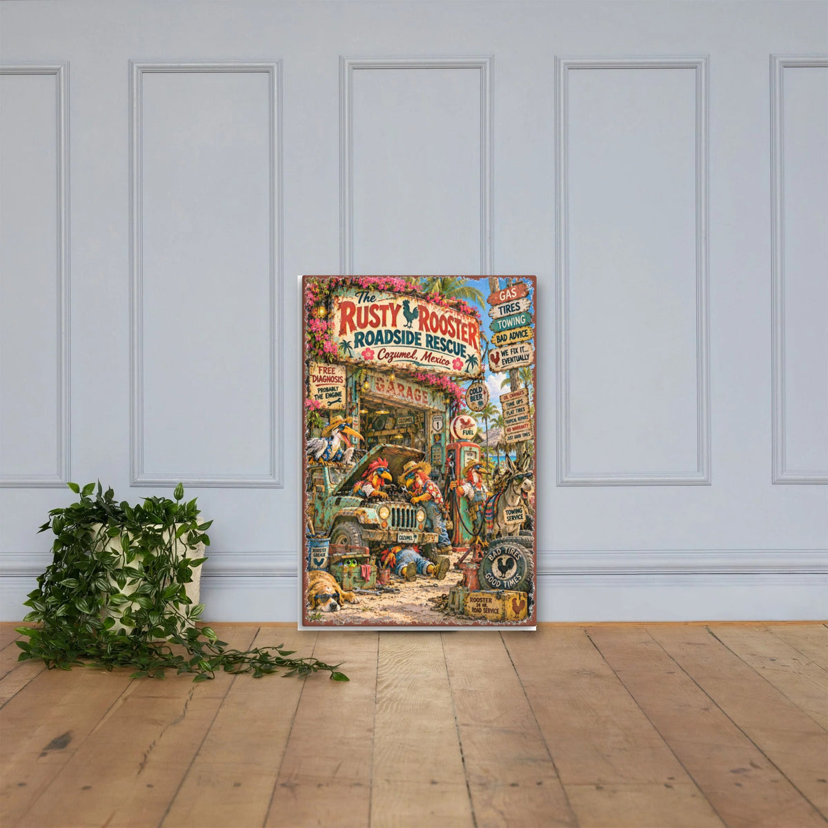 The Rusty Rooster Roadside Rescue Canvas 24x36 leaning on a paneled wall