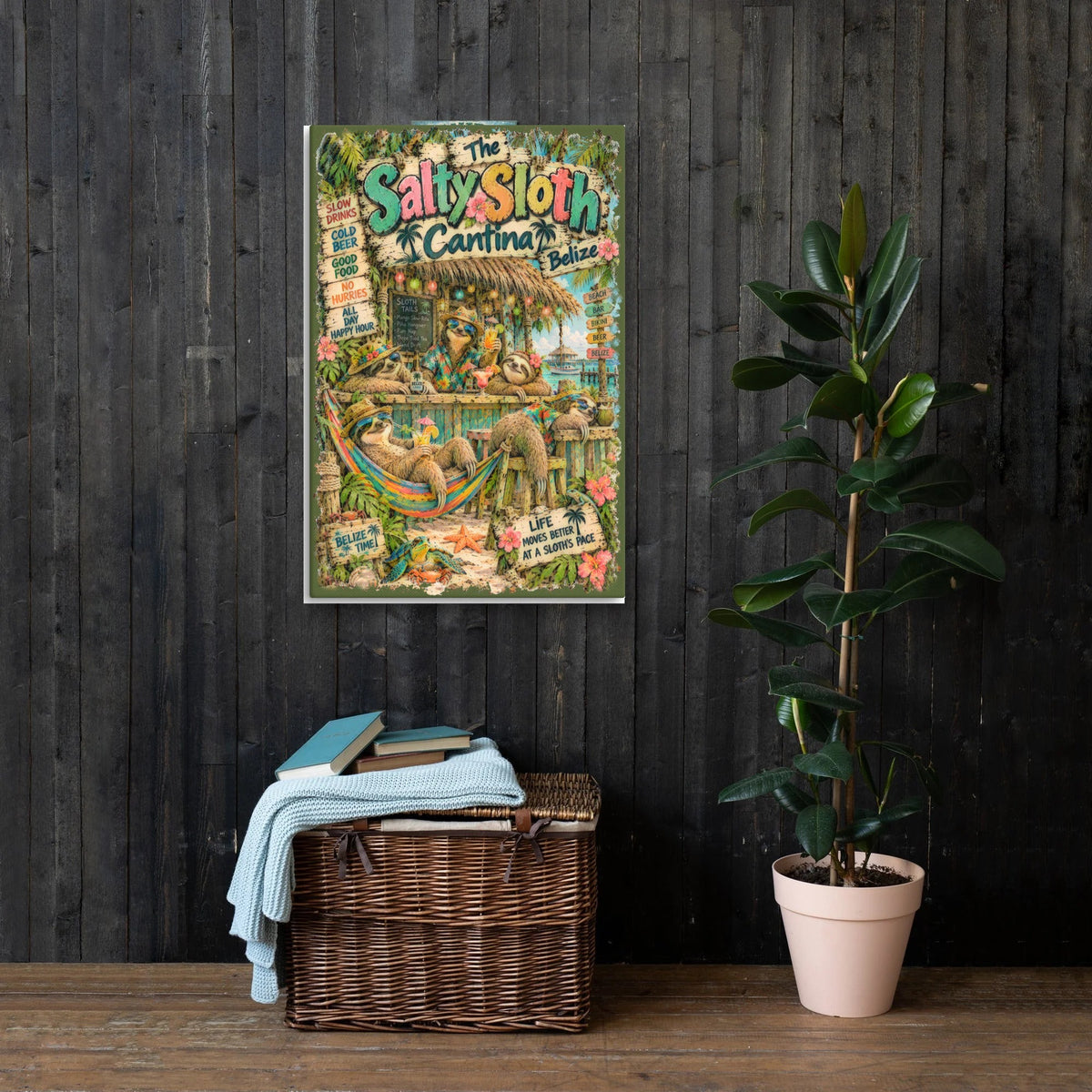 The Salty Sloth Cantina Canvas 24x36 on a dark wood wall