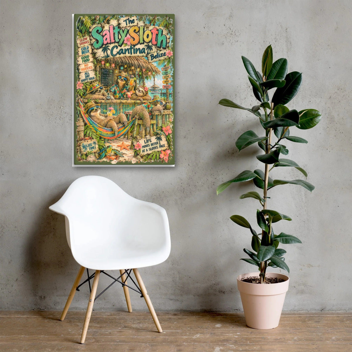 The Salty Sloth Cantina Canvas 24x36 above a chair
