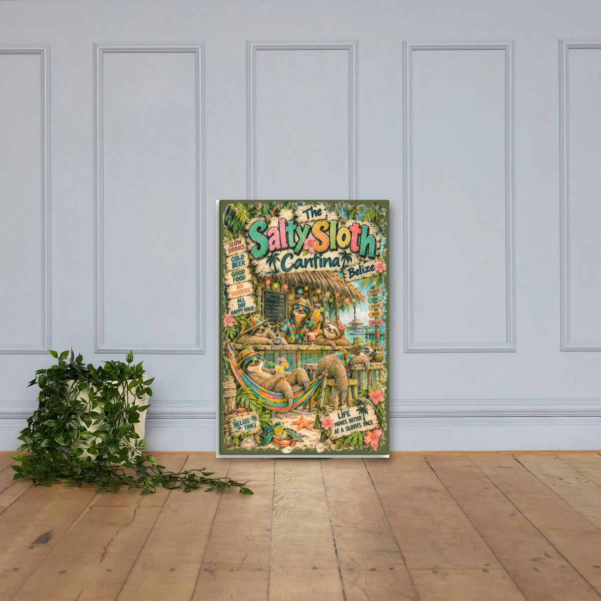 The Salty Sloth Cantina Canvas 24x36 leaning on a paneled wall