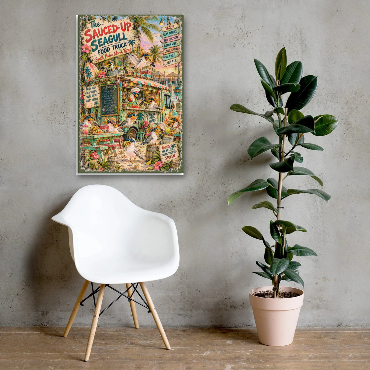 The Sauced-Up Seagull Food Truck Canvas 24x36 above a chair